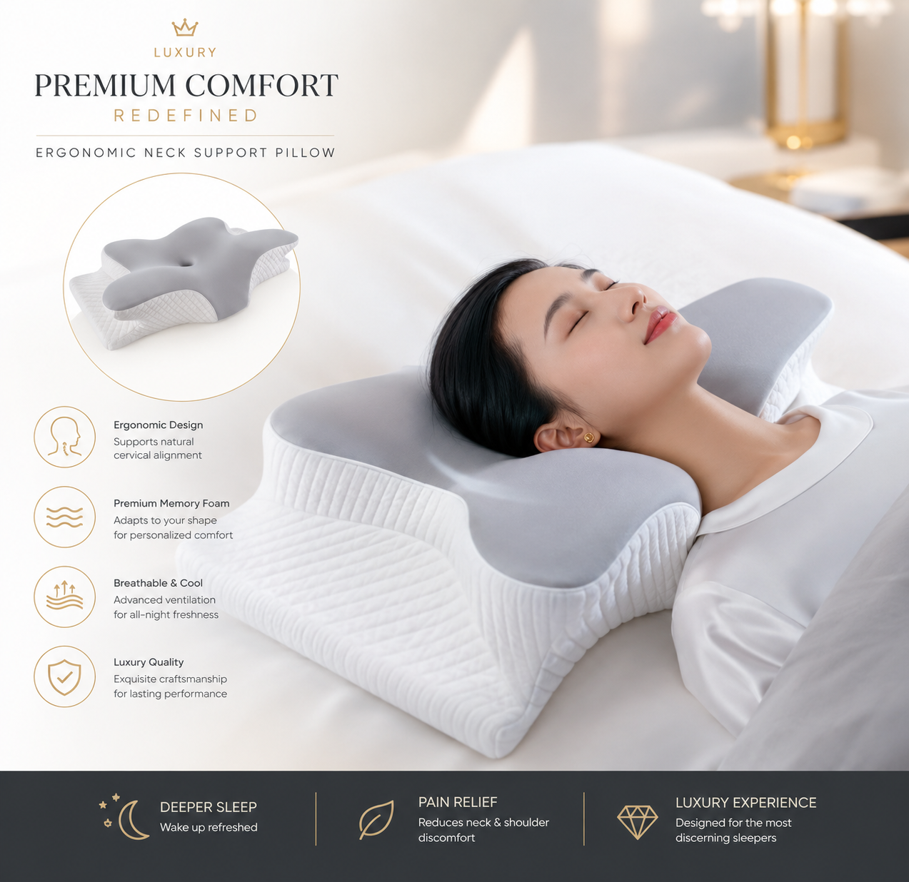 The Luna™ Cervical Memory Foam Neck Pillow Orthopedic Neck Back Support Anti Snore