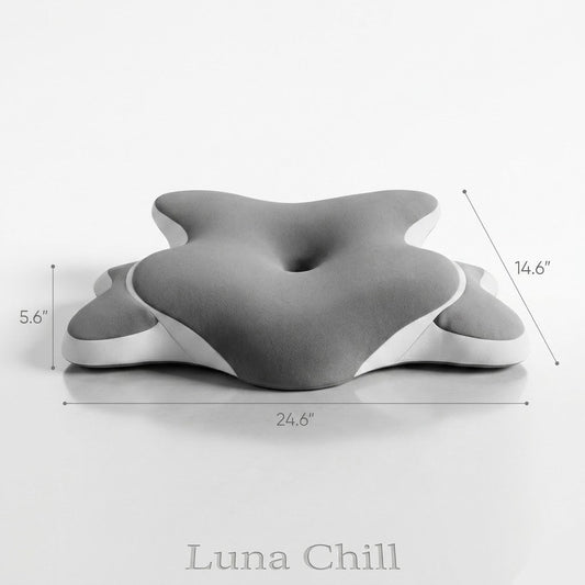 Luna Chill cervical memory foam neck pillow, front view with dimensions